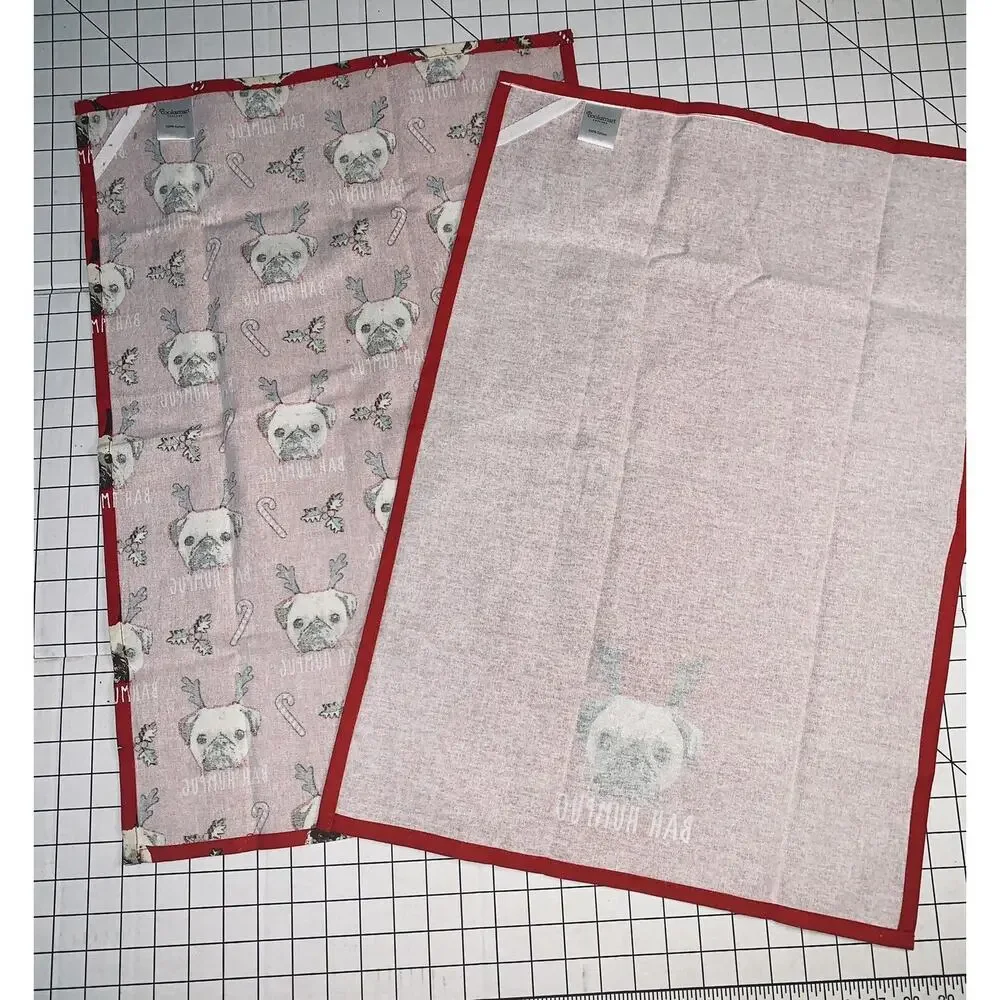 Pug Cooksmart Tea Towels Bah Humpug Cotton Unused No Tags or Pkg Red Christmas